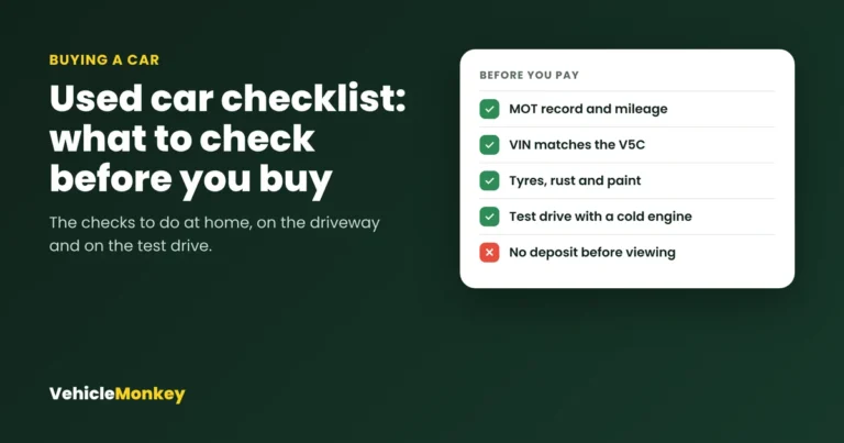 Used car checklist showing the main checks before you pay