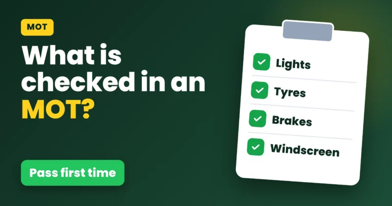 What is checked in an MOT: a checklist showing lights, tyres, brakes and windscreen
